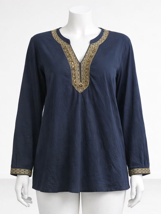Lucky Brand Tops - Lucky Brand Navy Embroidered Tunic Fall Boho Chic Gold Beaded Blouse Luxe M